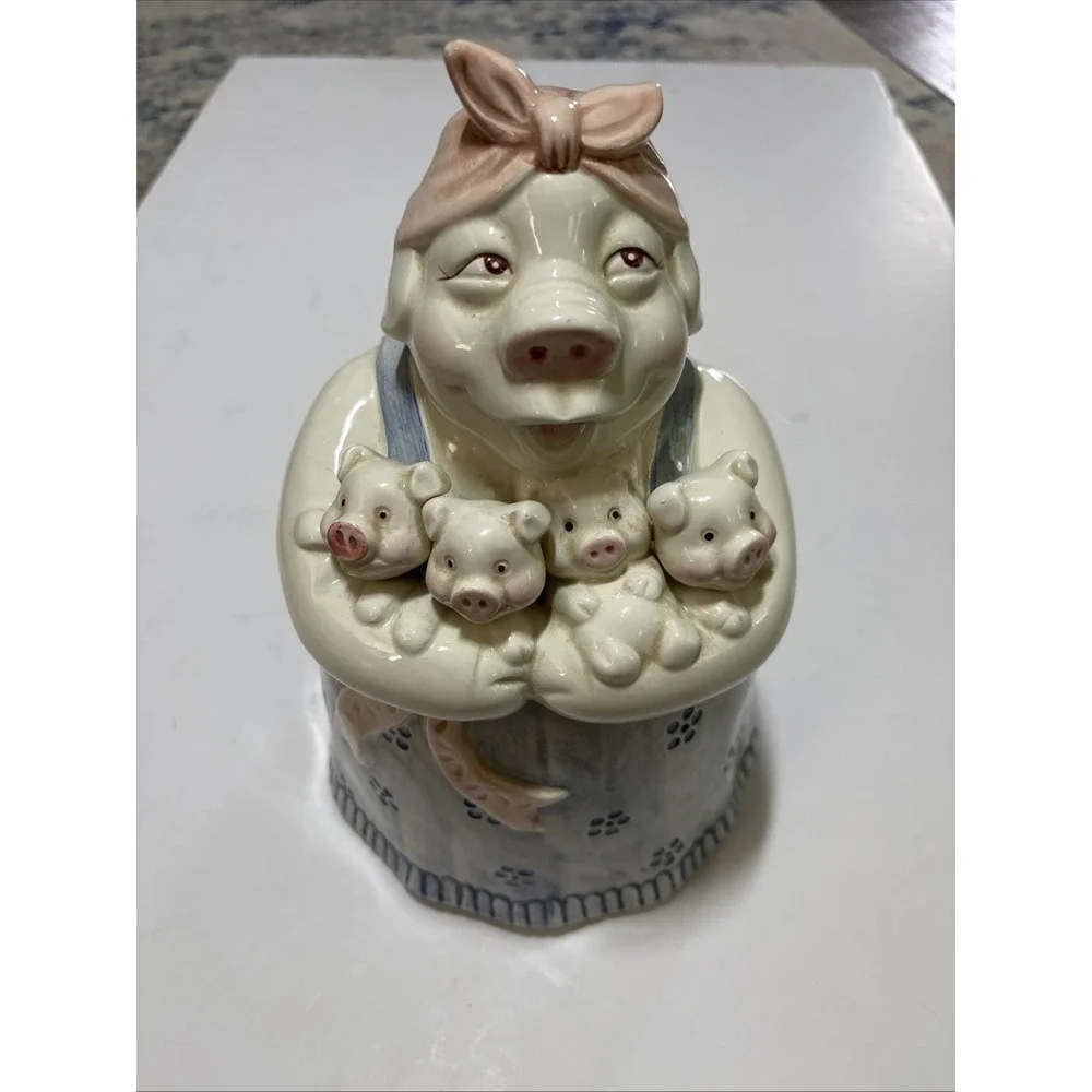 Ceramic Pig Cutest Cookie Jar Ever Momma Pig In Apron with 4 Little Piglets EUC